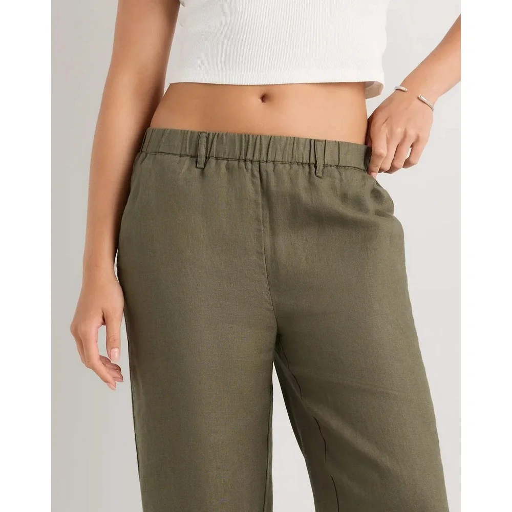 Quince European Linen Relaxed Straight Leg Pants Bayberry Olive Green Women L